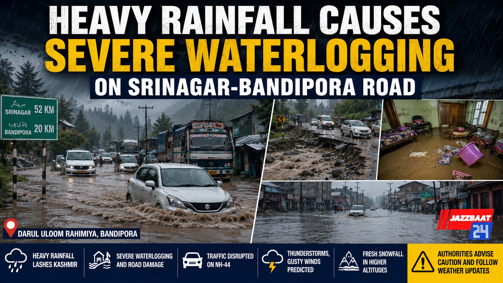 Heavy Rainfall Causes Severe Waterlogging on Srinagar-Bandipora Road
