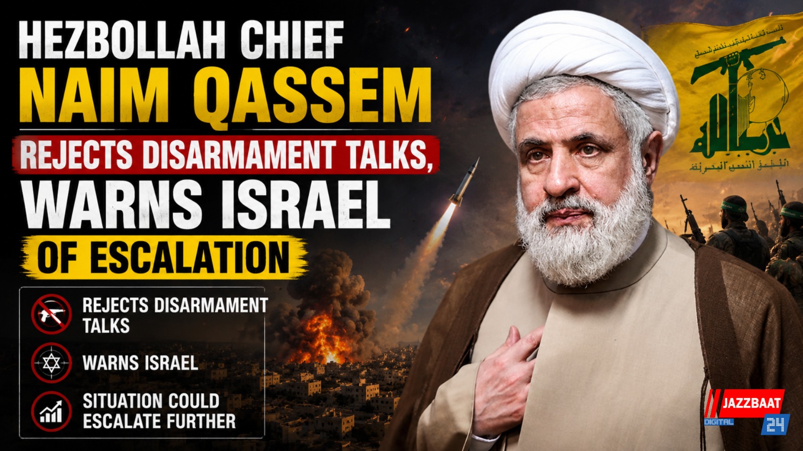 Hezbollah Chief Naim Qassem Rejects Disarmament Talks, Warns Israel of Escalation
