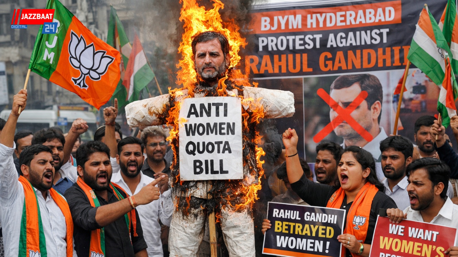 BJYM protests in Hyderabad, burns Rahul Gandhi effigy over women’s quota bill failure