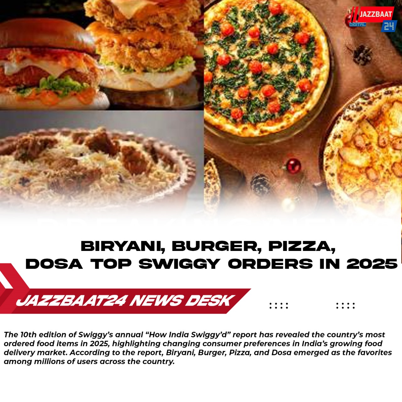 Biryani, Burger, Pizza, Dosa Top Swiggy Orders in 2025