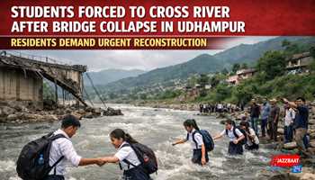 Students Forced to Cross River After Bridge Collapse in Udhampur, Residents Demand Urgent Reconstruction