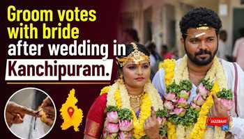 Groom votes with bride after wedding in Kanchipuram