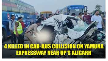 “TRAGIC CAR-BUS COLLISION CLAIMS 4 LIVES NEAR ALIGARH! STAY INFORMED FOR UPDATES!”

